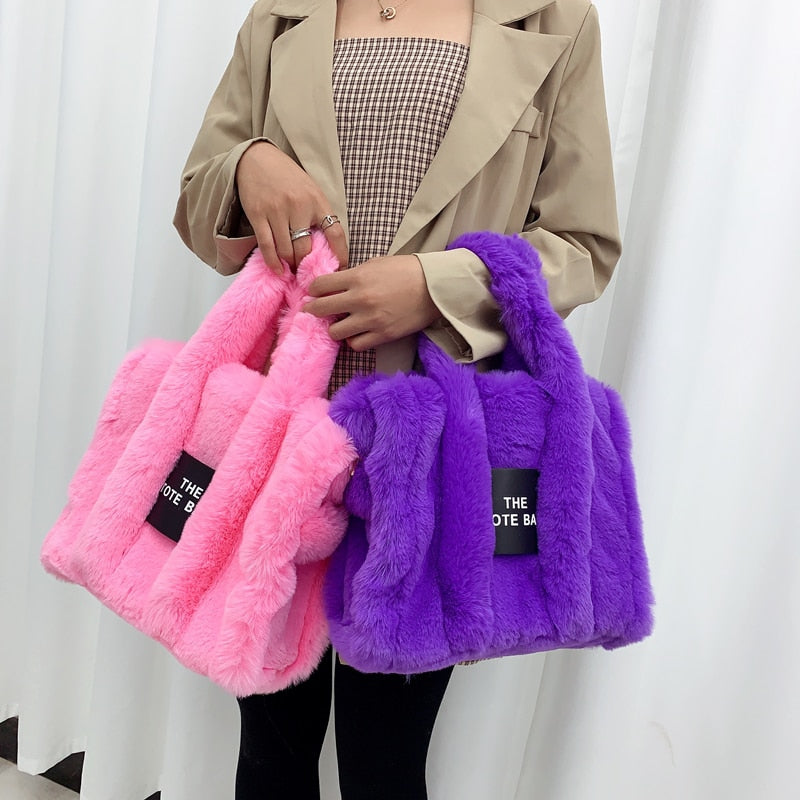 2022 Designer Faux Fur Tote Bag for Women Luxury Handbags Autumn Winter Plush Shoulder Crossbody Bags Brand Shopper Purses New