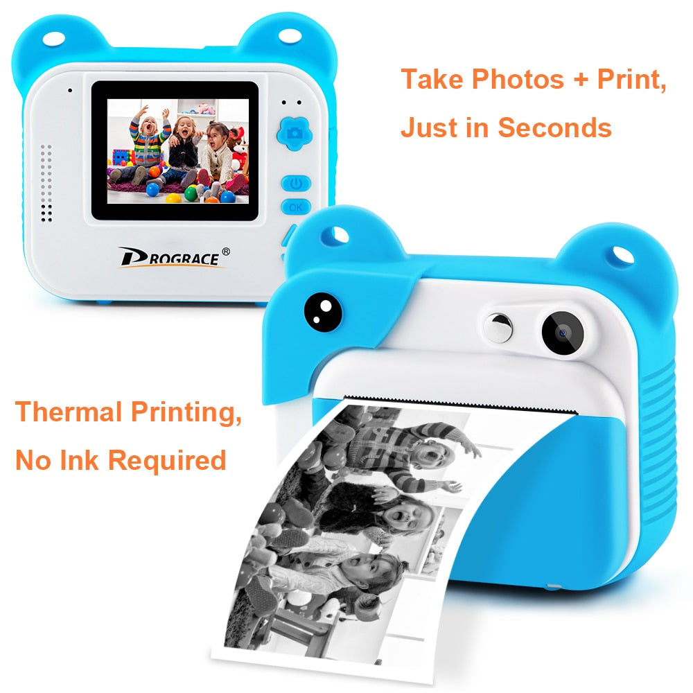 Prograce Kid Instant Print Camera Children Thermal Printing Camera Digital Photo Camera Video Kids Toys for Girls Birthday Gift