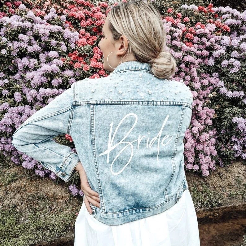 Custom Bride Denim Jacket Pearl Mrs Bachelorette Jean Jackets Hen Party Gift Wedding Day Outerwear Bridesmaid Personalised Coats