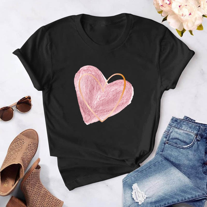 Heart Flower Print Womens T-Shirt Ladies Casual Basis O-Collar White Shirt Short Sleeve Ladies T-Shirt Love Graphic Printing