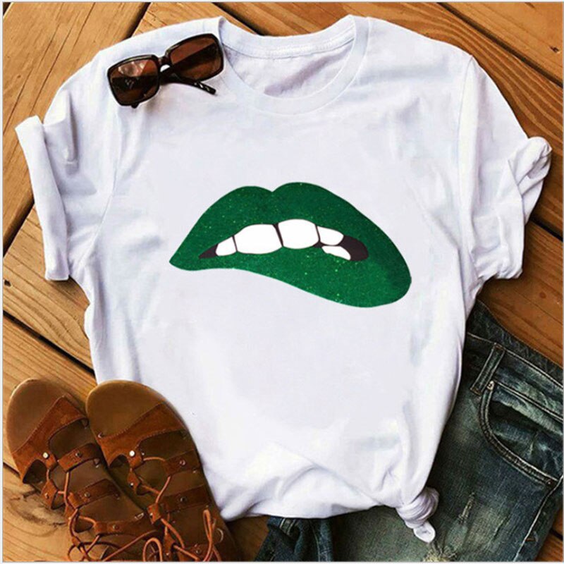 Women's shirt printed sexy T-shirt red lips round neck short-sleeved T-shirt women's T-shirt Rebel white T-shirt bullet in mouth, red lips, blood lips, sexy lips.