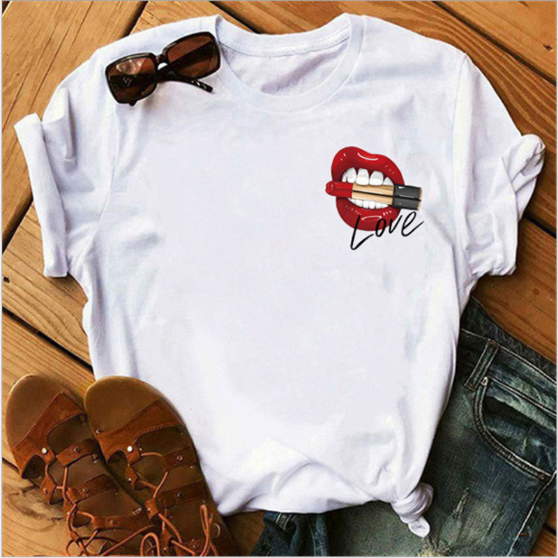 Women's shirt printed sexy T-shirt red lips round neck short-sleeved T-shirt women's T-shirt Rebel white T-shirt bullet in mouth, red lips, blood lips, sexy lips.