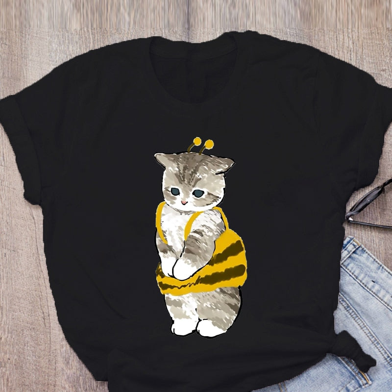 Women T-shirt Cute Cat Funny Cartoon T-shirt Harajuku Graphic Ulzzang T-shirt 90s Print T-shirt Fashion Aesthetic Top Tee Female