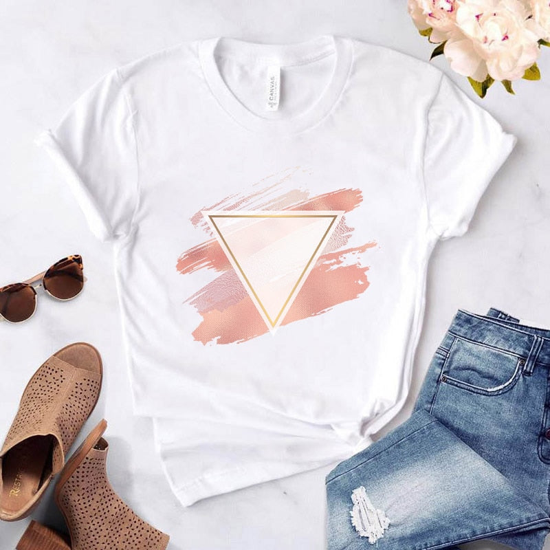 Heart Flower Print Womens T-Shirt Ladies Casual Basis O-Collar White Shirt Short Sleeve Ladies T-Shirt Love Graphic Printing