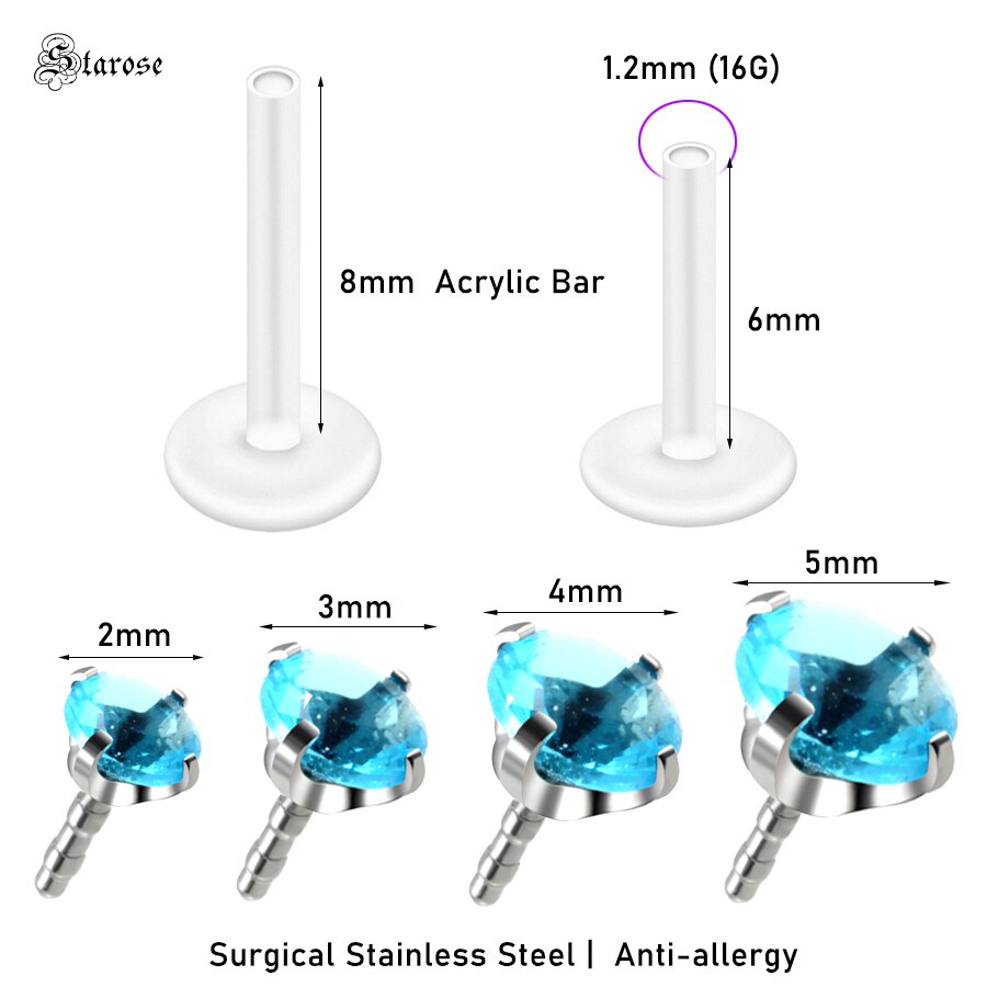 2Pcs 1.2x6/8mm Acrylic Nose Piercing Labret Stud Nose Rings Zircon Lip Piercing Jewel Ear Piercing Helix Tragus Earrings