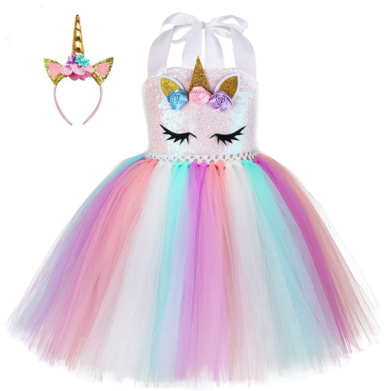 Kids Unicorn Costume Girls Birthday Party LED Lights Sequin Rainbow Tutu Dress World Book Day Shiny Princess Cosplay Costume