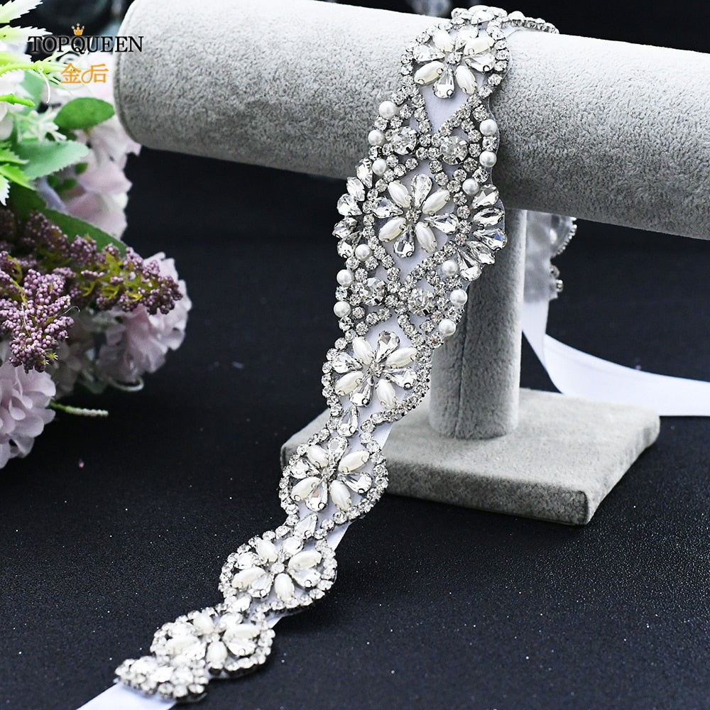 TOPQUEEN S161 Bridal Belts Bling Wedding Women Jewelry Silver Rhinestone Pearl Crystal Sparkly Party Formal Dress Diamond Sash