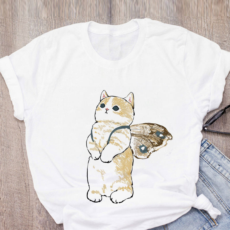 Women T-shirt Cute Cat Funny Cartoon T-shirt Harajuku Graphic Ulzzang T-shirt 90s Print T-shirt Fashion Aesthetic Top Tee Female