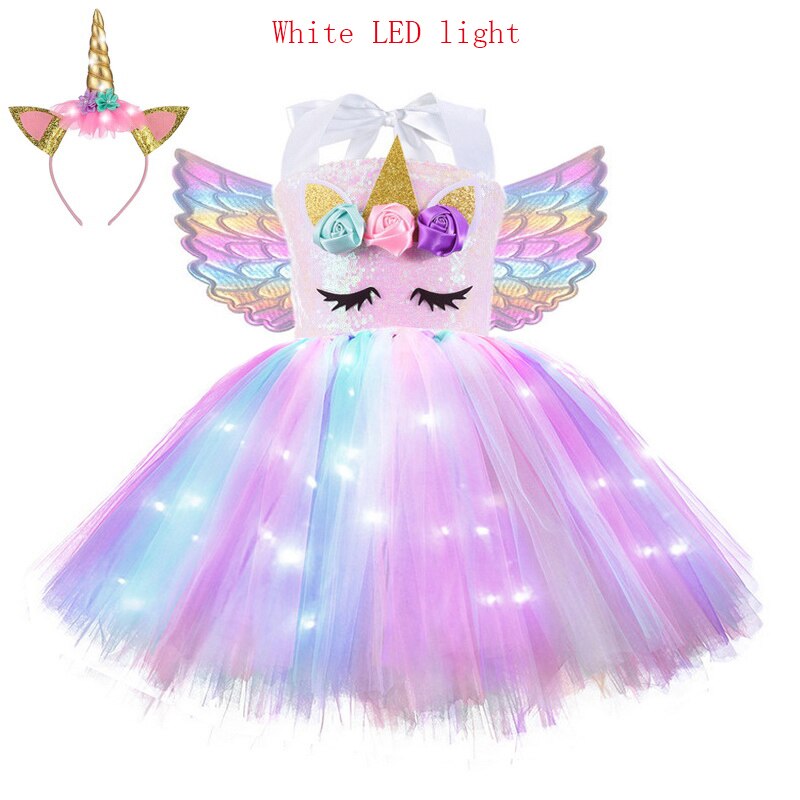 Kids Unicorn Costume Girls Birthday Party LED Lights Sequin Rainbow Tutu Dress World Book Day Shiny Princess Cosplay Costume