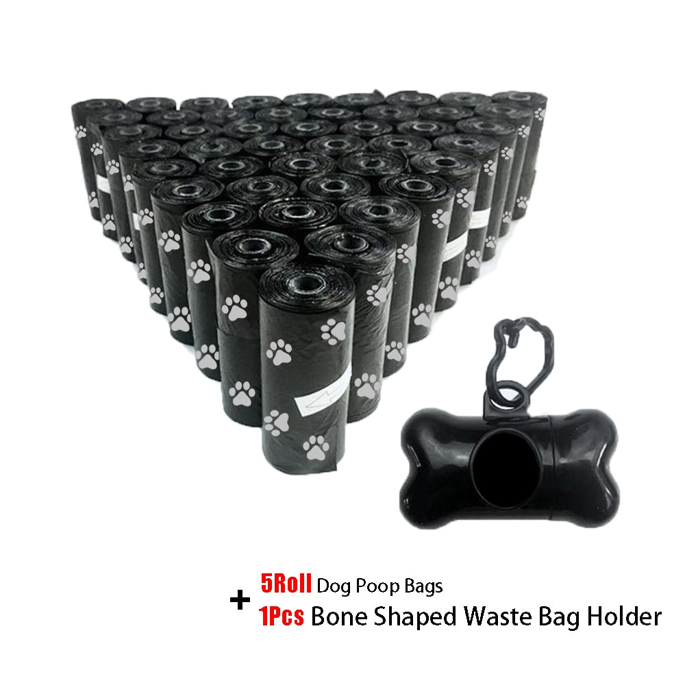 Pet Poop Bags Disposable Dog Waste Bags, Bulk Poop Bags with Leash Clip and Bone Bag Dispenser 5Roll(75Pcs) Bags with Paw Prints