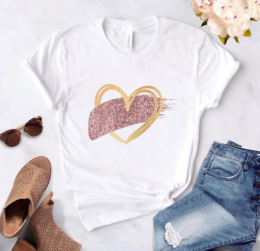 Heart Flower Print Womens T-Shirt Ladies Casual Basis O-Collar White Shirt Short Sleeve Ladies T-Shirt Love Graphic Printing