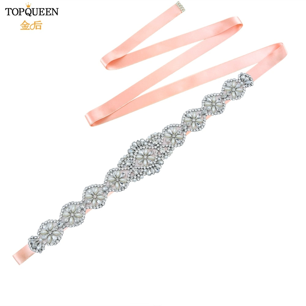 TOPQUEEN S161 Bridal Belts Bling Wedding Women Jewelry Silver Rhinestone Pearl Crystal Sparkly Party Formal Dress Diamond Sash