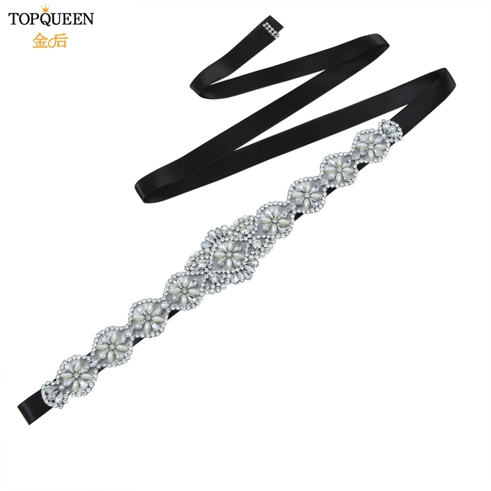 TOPQUEEN S161 Bridal Belts Bling Wedding Women Jewelry Silver Rhinestone Pearl Crystal Sparkly Party Formal Dress Diamond Sash