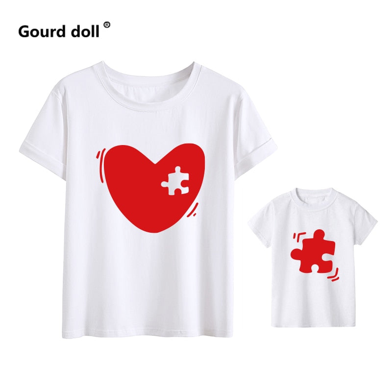 Family matching T-shirt love mommy and girl sleeve short mother and daughter baby kids outfits Look T Shirt Cute Tops.  Puzzle Piece missing from Heart