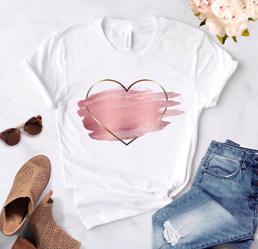 Heart Flower Print Womens T-Shirt Ladies Casual Basis O-Collar White Shirt Short Sleeve Ladies T-Shirt Love Graphic Printing