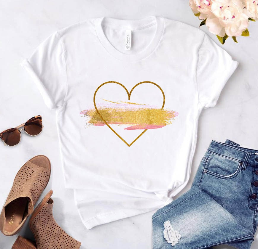 Heart Flower Print Womens T-Shirt Ladies Casual Basis O-Collar White Shirt Short Sleeve Ladies T-Shirt Love Graphic Printing