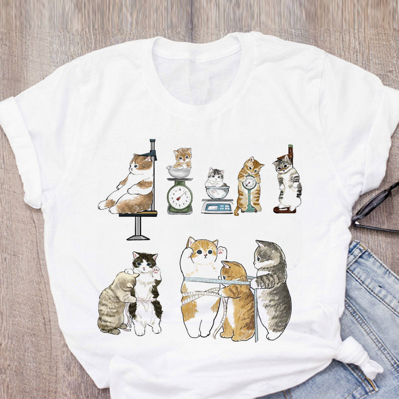 Women T-shirt Cute Cat Funny Cartoon T-shirt Harajuku Graphic Ulzzang T-shirt 90s Print T-shirt Fashion Aesthetic Top Tee Female