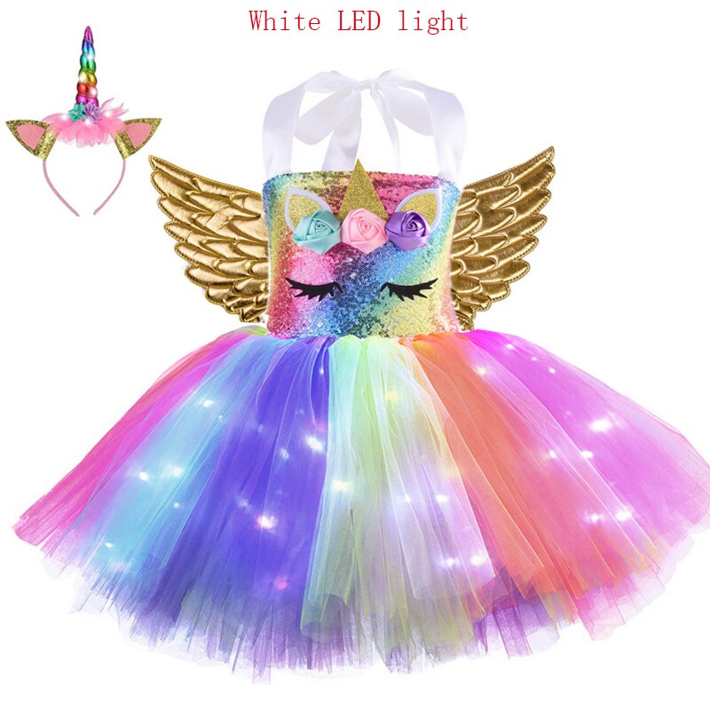 Kids Unicorn Costume Girls Birthday Party LED Lights Sequin Rainbow Tutu Dress World Book Day Shiny Princess Cosplay Costume