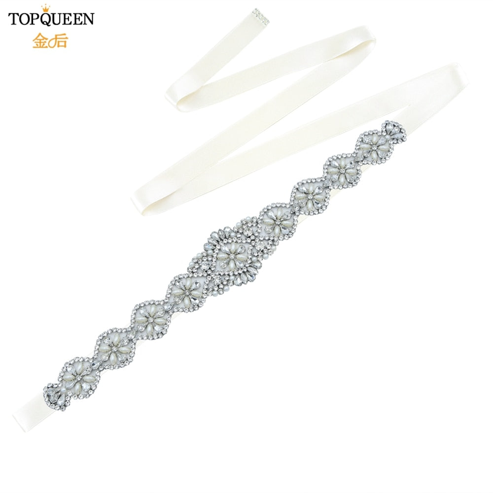 TOPQUEEN S161 Bridal Belts Bling Wedding Women Jewelry Silver Rhinestone Pearl Crystal Sparkly Party Formal Dress Diamond Sash