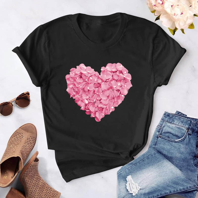 Heart Flower Print Womens T-Shirt Ladies Casual Basis O-Collar White Shirt Short Sleeve Ladies T-Shirt Love Graphic Printing