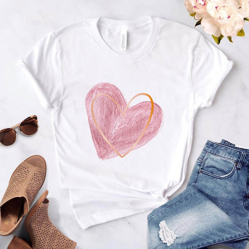 Heart Flower Print Womens T-Shirt Ladies Casual Basis O-Collar White Shirt Short Sleeve Ladies T-Shirt Love Graphic Printing