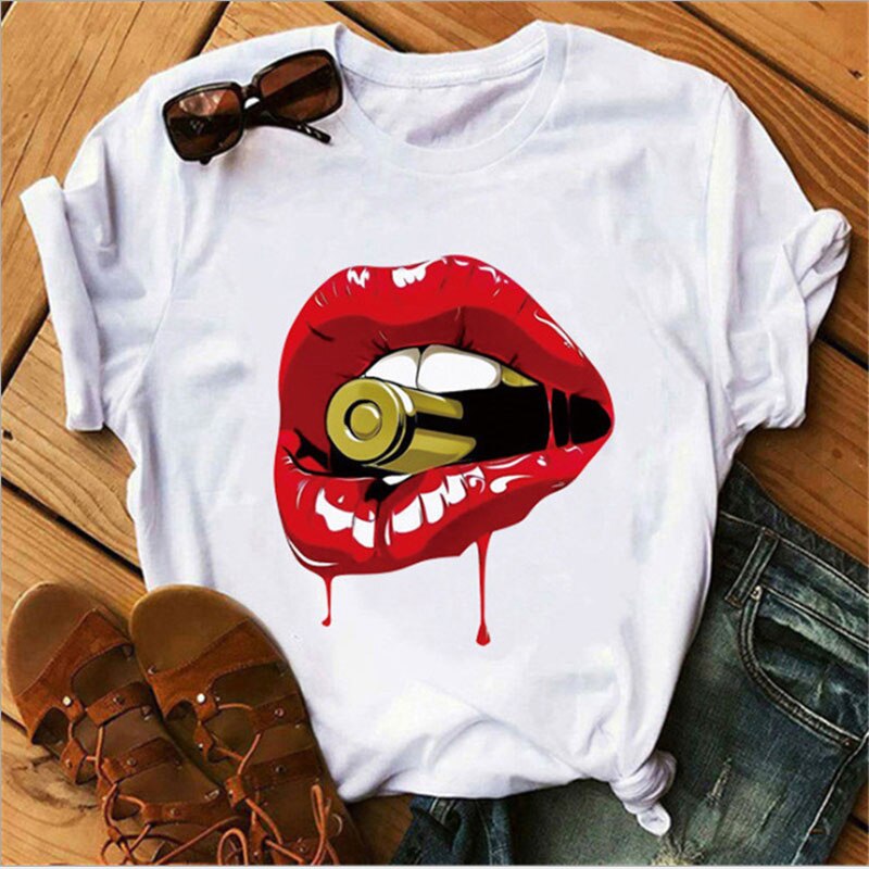 Women's shirt printed sexy T-shirt red lips round neck short-sleeved T-shirt women's T-shirt Rebel white T-shirt bullet in mouth, red lips, blood lips, sexy lips.