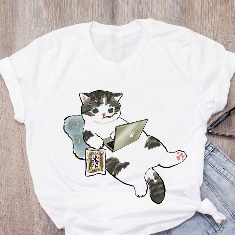 Women T-shirt Cute Cat Funny Cartoon T-shirt Harajuku Graphic Ulzzang T-shirt 90s Print T-shirt Fashion Aesthetic Top Tee Female