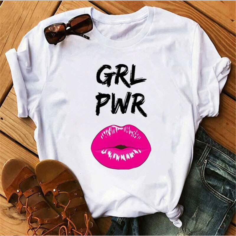 Women's shirt printed sexy T-shirt red lips round neck short-sleeved T-shirt women's T-shirt Rebel white T-shirt bullet in mouth, red lips, blood lips, sexy lips.