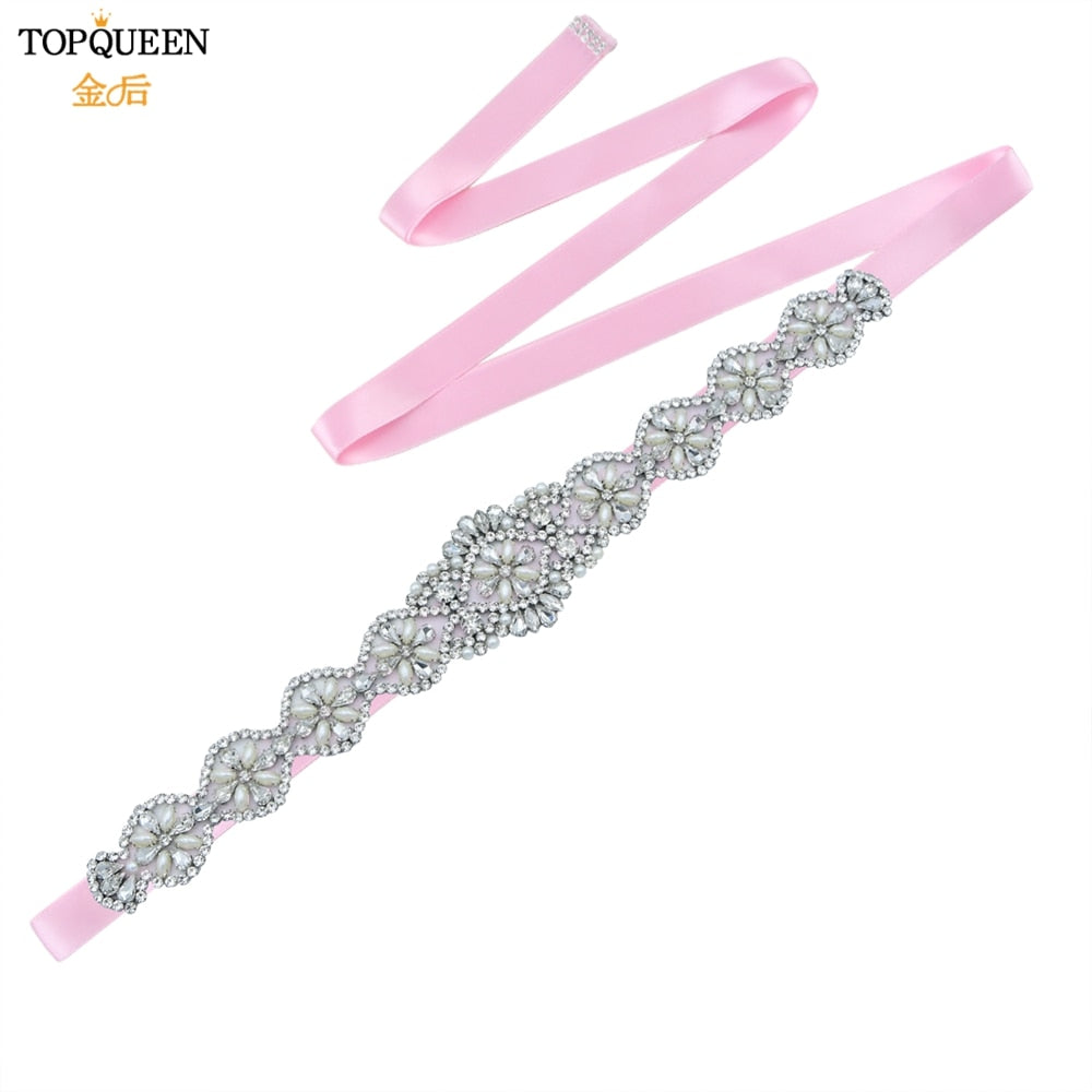 TOPQUEEN S161 Bridal Belts Bling Wedding Women Jewelry Silver Rhinestone Pearl Crystal Sparkly Party Formal Dress Diamond Sash