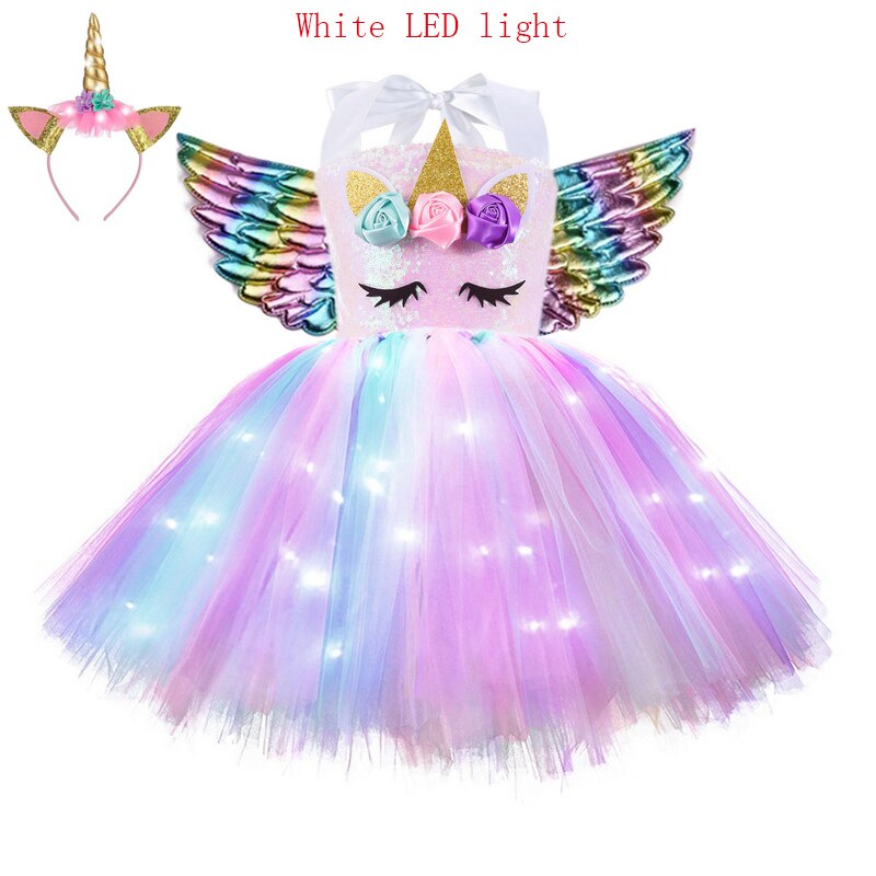 Kids Unicorn Costume Girls Birthday Party LED Lights Sequin Rainbow Tutu Dress World Book Day Shiny Princess Cosplay Costume