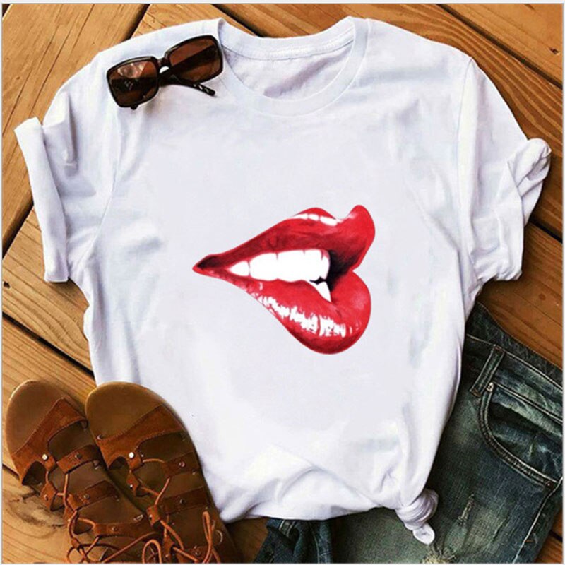 Women's shirt printed sexy T-shirt red lips round neck short-sleeved T-shirt women's T-shirt Rebel white T-shirt bullet in mouth, red lips, blood lips, sexy lips.