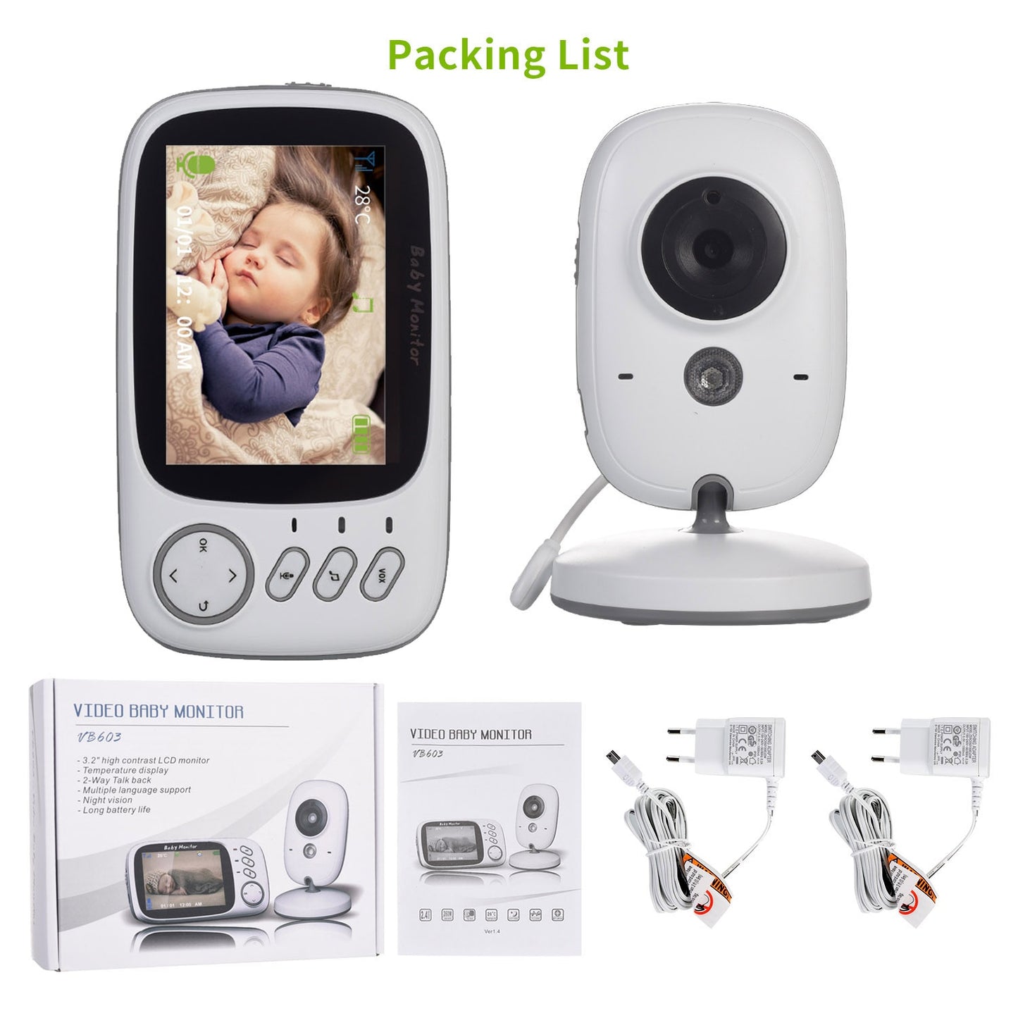 VB603 Baby Monitor With Camera 3.2 inch LCD Electronic Babysitter 2 Way Audio Talk Night Vision Video Nanny Radio Baby Camera