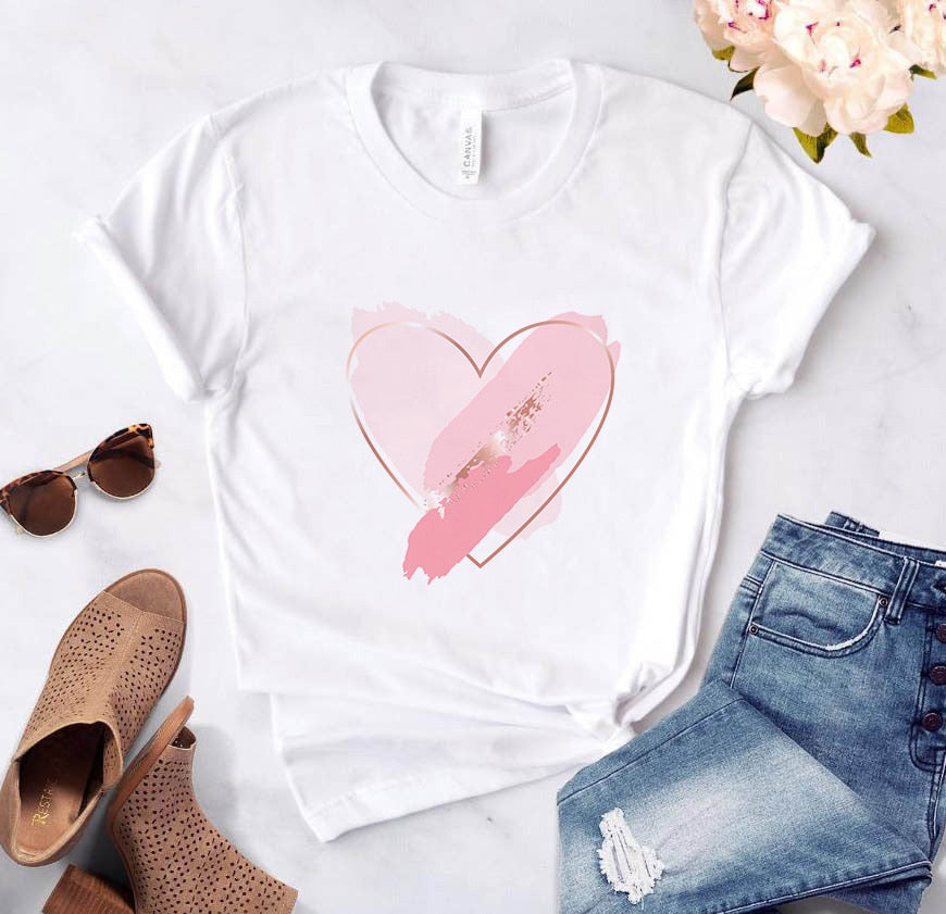 Heart Flower Print Womens T-Shirt Ladies Casual Basis O-Collar White Shirt Short Sleeve Ladies T-Shirt Love Graphic Printing