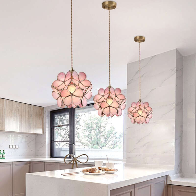 Nordic LED Flower Copper Pendant Lamp Tiffany Glass Kitchen Bedroom Dining Living Room Home Lighting Hotel Hanging Light Fixture