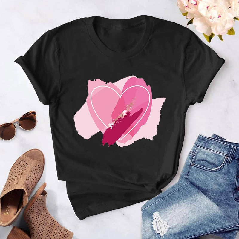 Heart Flower Print Womens T-Shirt Ladies Casual Basis O-Collar White Shirt Short Sleeve Ladies T-Shirt Love Graphic Printing