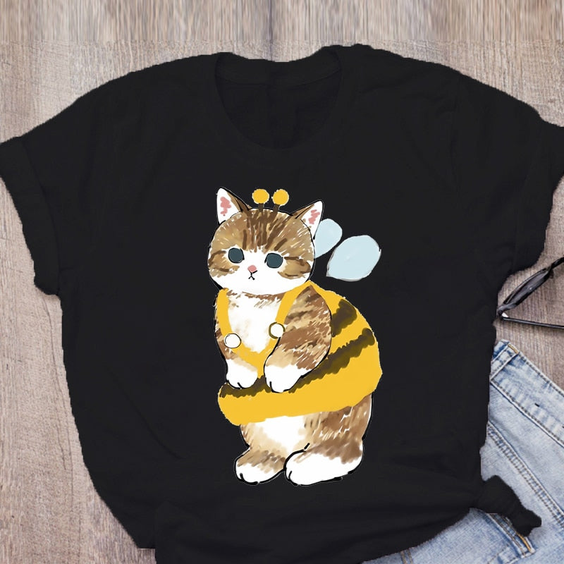 Women T-shirt Cute Cat Funny Cartoon T-shirt Harajuku Graphic Ulzzang T-shirt 90s Print T-shirt Fashion Aesthetic Top Tee Female