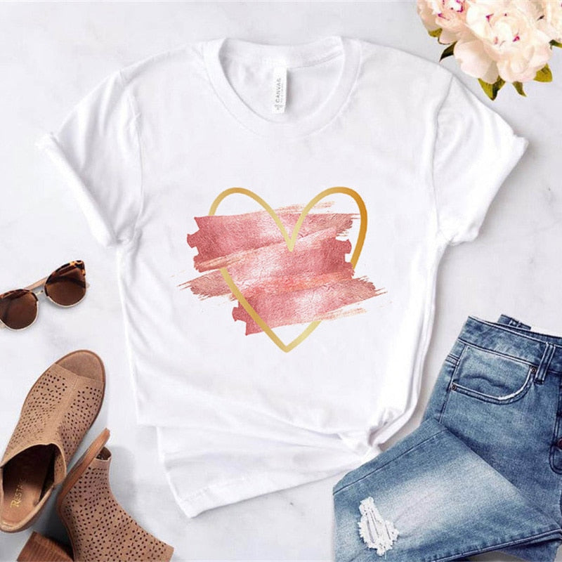 Heart Flower Print Womens T-Shirt Ladies Casual Basis O-Collar White Shirt Short Sleeve Ladies T-Shirt Love Graphic Printing