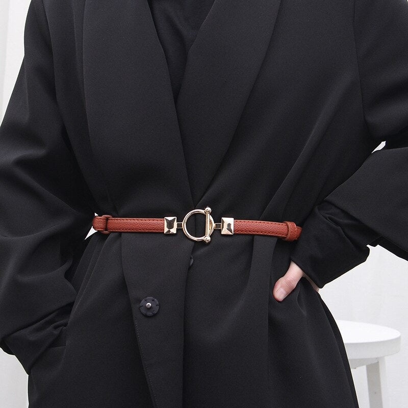 Women Leather Thin Belt Metal Simple Hook Buckle Adjustable Waist Strap For Trouser Dress Brand Designer Decoration Waistband