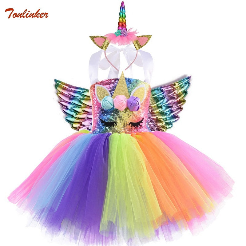 Kids Unicorn Costume Girls Birthday Party LED Lights Sequin Rainbow Tutu Dress World Book Day Shiny Princess Cosplay Costume