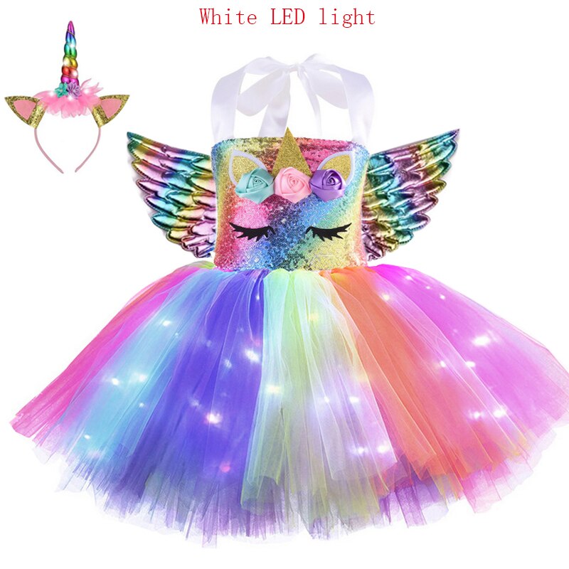 Kids Unicorn Costume Girls Birthday Party LED Lights Sequin Rainbow Tutu Dress World Book Day Shiny Princess Cosplay Costume