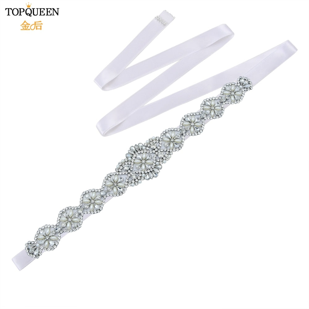 TOPQUEEN S161 Bridal Belts Bling Wedding Women Jewelry Silver Rhinestone Pearl Crystal Sparkly Party Formal Dress Diamond Sash