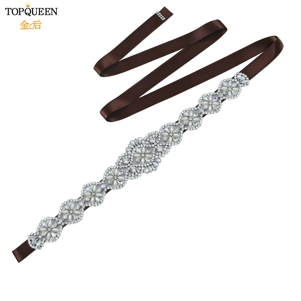 TOPQUEEN S161 Bridal Belts Bling Wedding Women Jewelry Silver Rhinestone Pearl Crystal Sparkly Party Formal Dress Diamond Sash