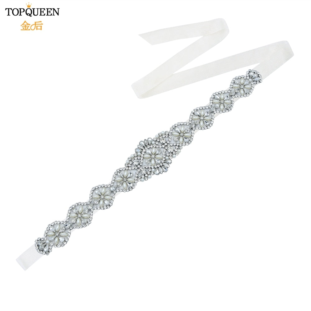 TOPQUEEN S161 Bridal Belts Bling Wedding Women Jewelry Silver Rhinestone Pearl Crystal Sparkly Party Formal Dress Diamond Sash