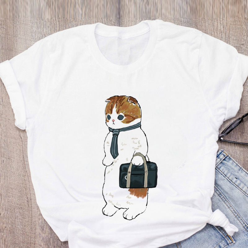 Women T-shirt Cute Cat Funny Cartoon T-shirt Harajuku Graphic Ulzzang T-shirt 90s Print T-shirt Fashion Aesthetic Top Tee Female