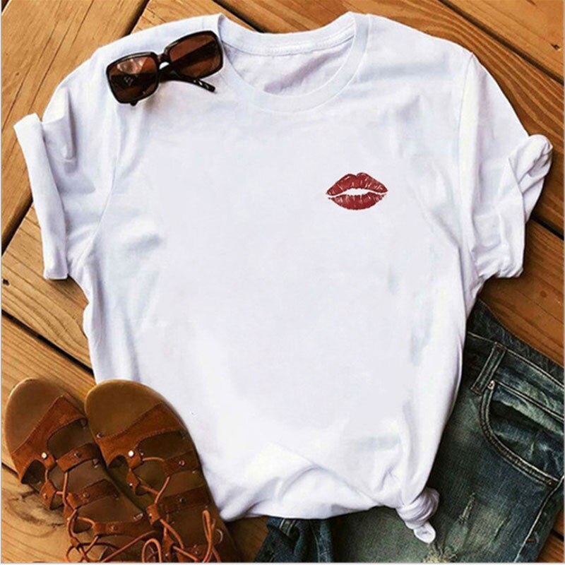 Women's shirt printed sexy T-shirt red lips round neck short-sleeved T-shirt women's T-shirt Rebel white T-shirt bullet in mouth, red lips, blood lips, sexy lips.