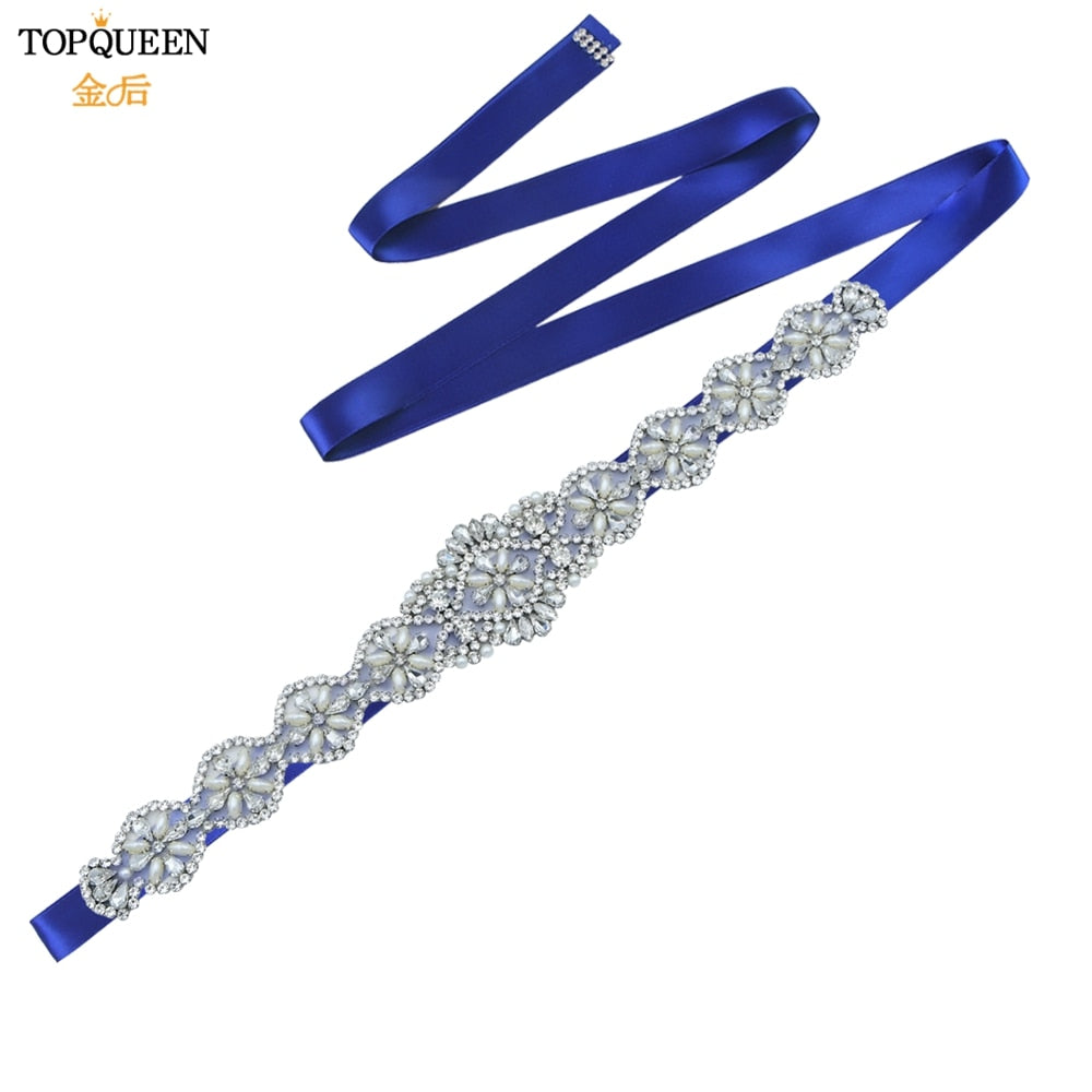 TOPQUEEN S161 Bridal Belts Bling Wedding Women Jewelry Silver Rhinestone Pearl Crystal Sparkly Party Formal Dress Diamond Sash