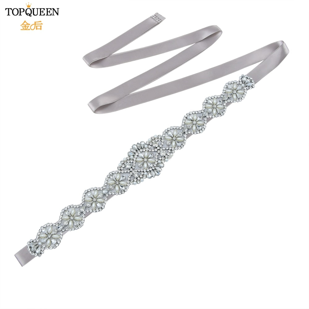 TOPQUEEN S161 Bridal Belts Bling Wedding Women Jewelry Silver Rhinestone Pearl Crystal Sparkly Party Formal Dress Diamond Sash