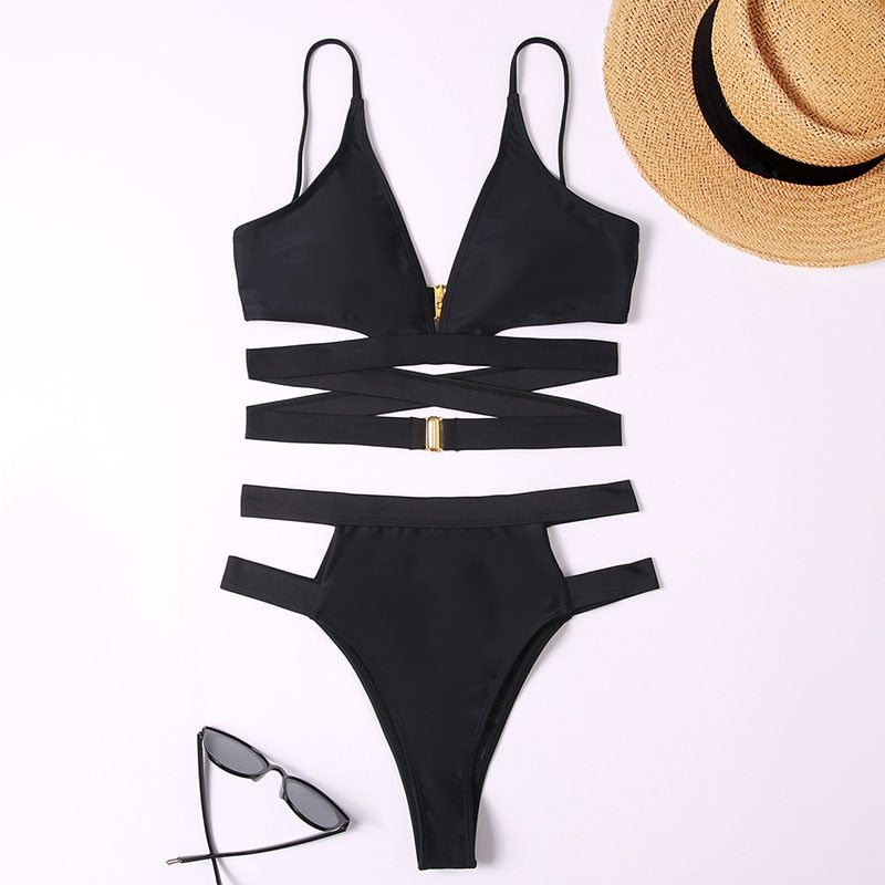 2023 Sexy High Waist Bikini Solid Bandage Women Swimsuit Criss Cross Swimwear Summer Micro Bikini Set Female Biquini Beachwear