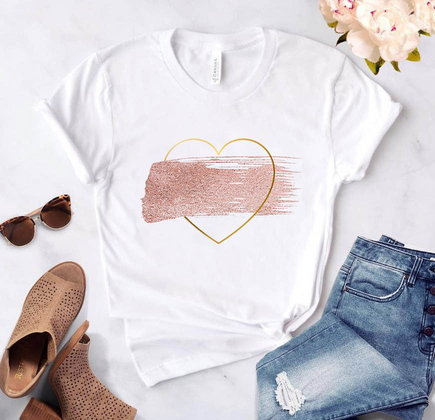 Heart Flower Print Womens T-Shirt Ladies Casual Basis O-Collar White Shirt Short Sleeve Ladies T-Shirt Love Graphic Printing