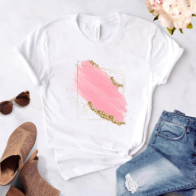 Heart Flower Print Womens T-Shirt Ladies Casual Basis O-Collar White Shirt Short Sleeve Ladies T-Shirt Love Graphic Printing